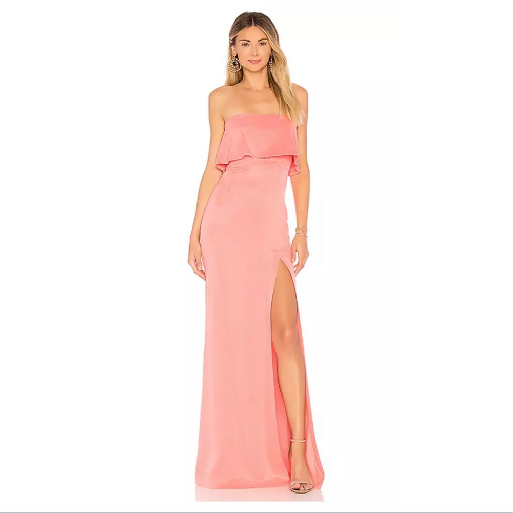 Lovers + Friends Anzen Gown XL Strawberry Ice Strapless Flounce Leg Slit New
